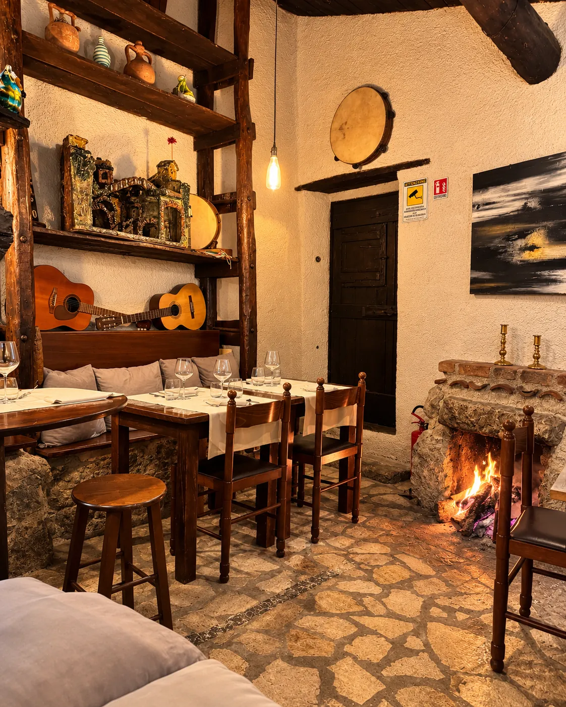 La sala rustica con il camino acceso